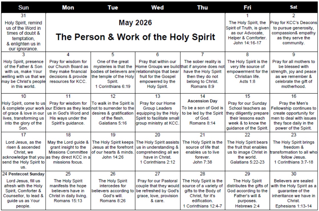 May 2026 Prayer Calendar - KCC - Kommetjie Christian Church