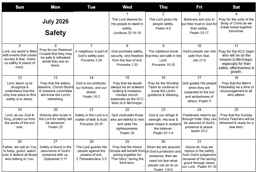 July Prayer Calendar - Safety - KCC - Kommetjie Christian Church