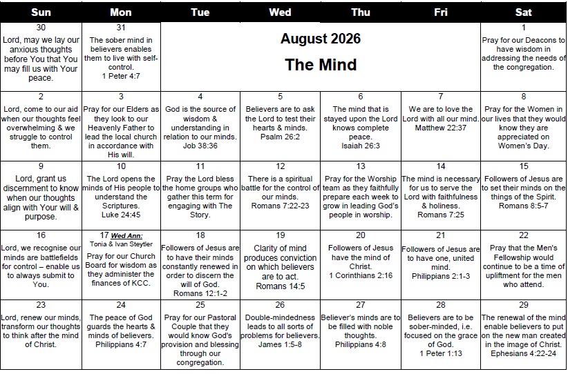 KCC - August Prayer Calendar - The Mind
