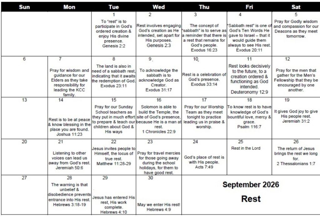 September Prayer Calendar - KCC - Rest